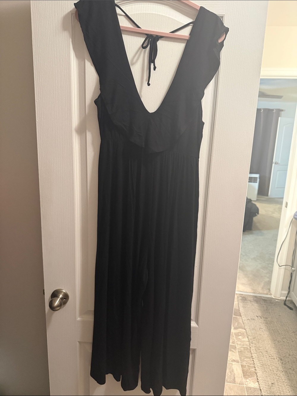 Rolla Coster Black Deep‑V Ruffle Wide‑Leg Jumpsuit